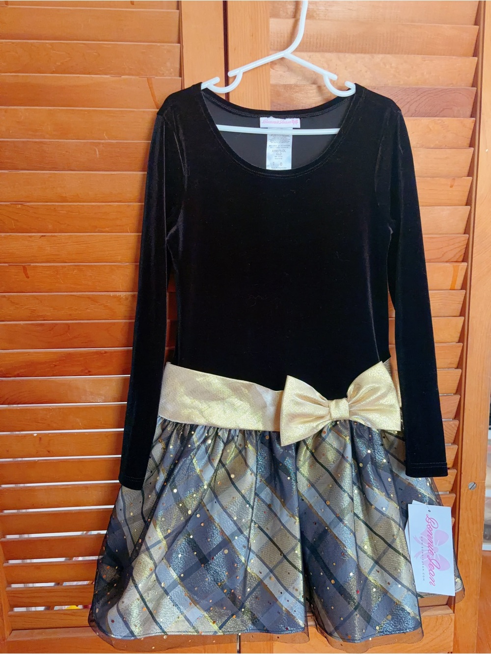 Bonnie Jean Girls Size 8 Black Velvet Gold Plaid Holiday Christmas Party Dress